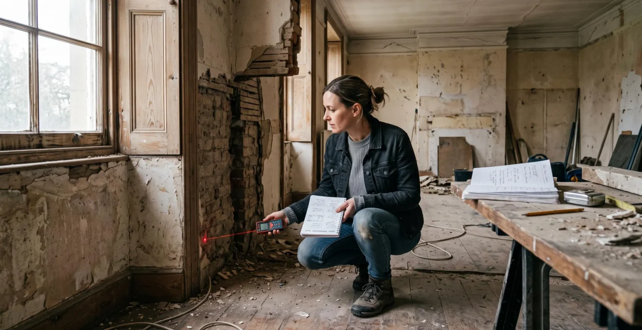 Un acheteur inspecte les murs dénudés d'une maison ancienne à rénover, muni d'un carnet, d'une lampe torche et d'un mètre laser.