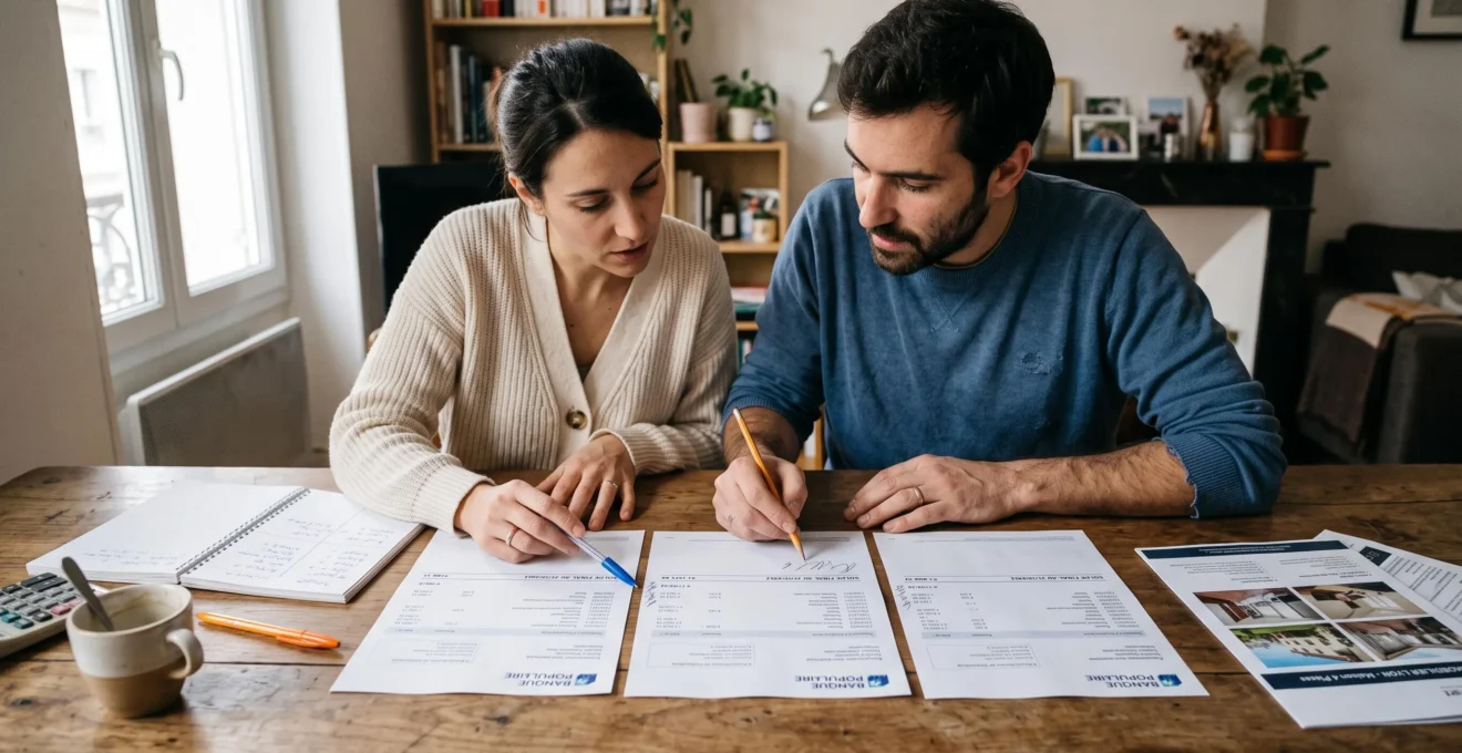 Un couple examine trois relevés bancaires imprimés posés côte à côte sur une table et annoté les soldes de fin de mois au stylo.
