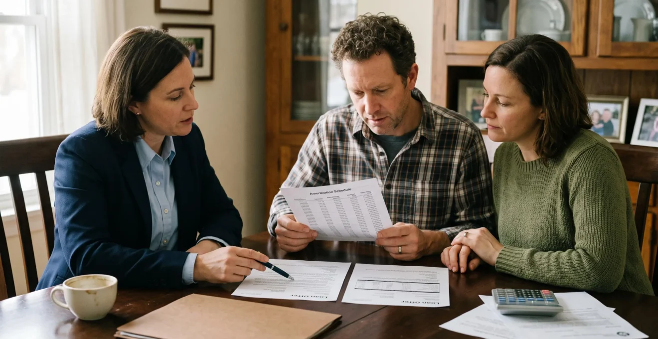 Un couple examine avec un conseiller bancaire deux offres de rachat de crédit immobilier posées côte à côte sur la table d'une salle à manger.