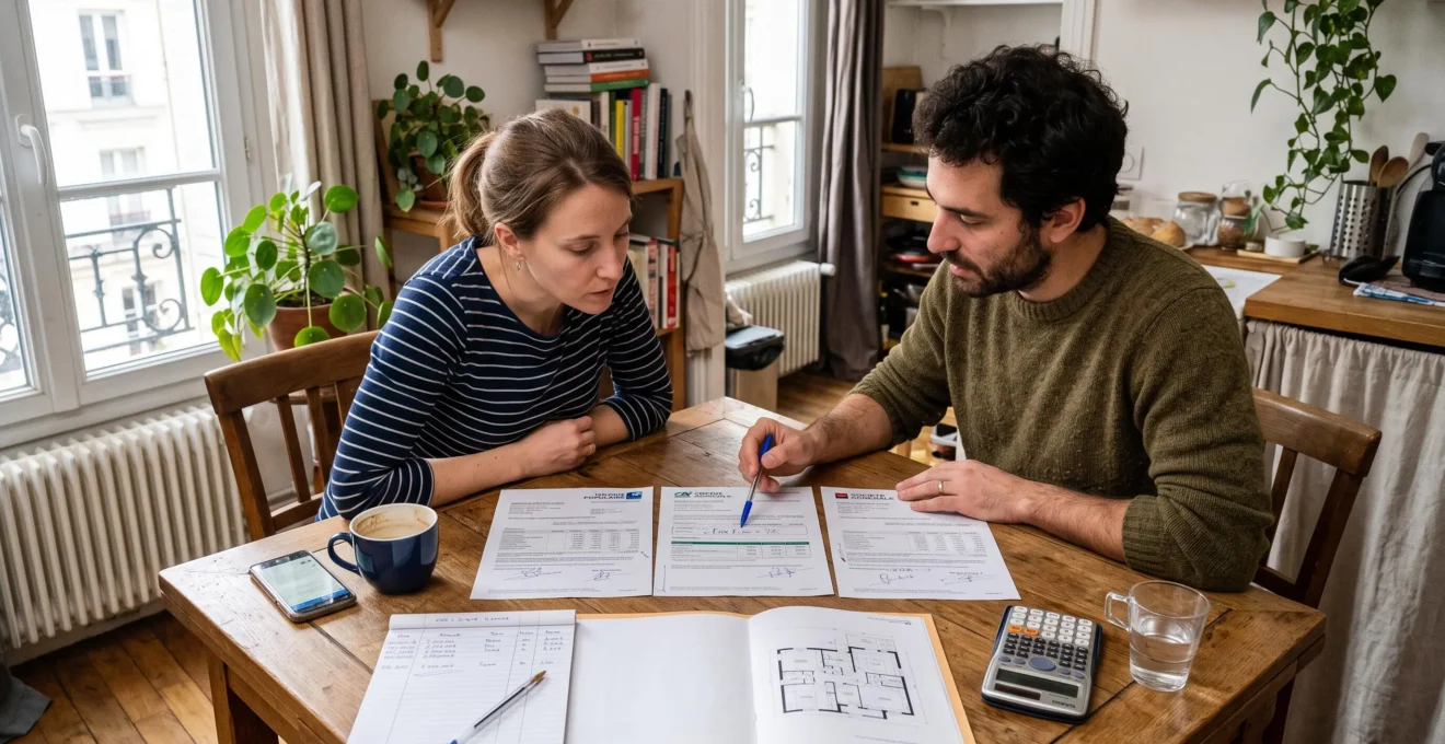 Un couple compare plusieurs offres de prêt imprimées côte à côte sur la table de leur cuisine, l'un pointant une ligne du document avec un stylo.