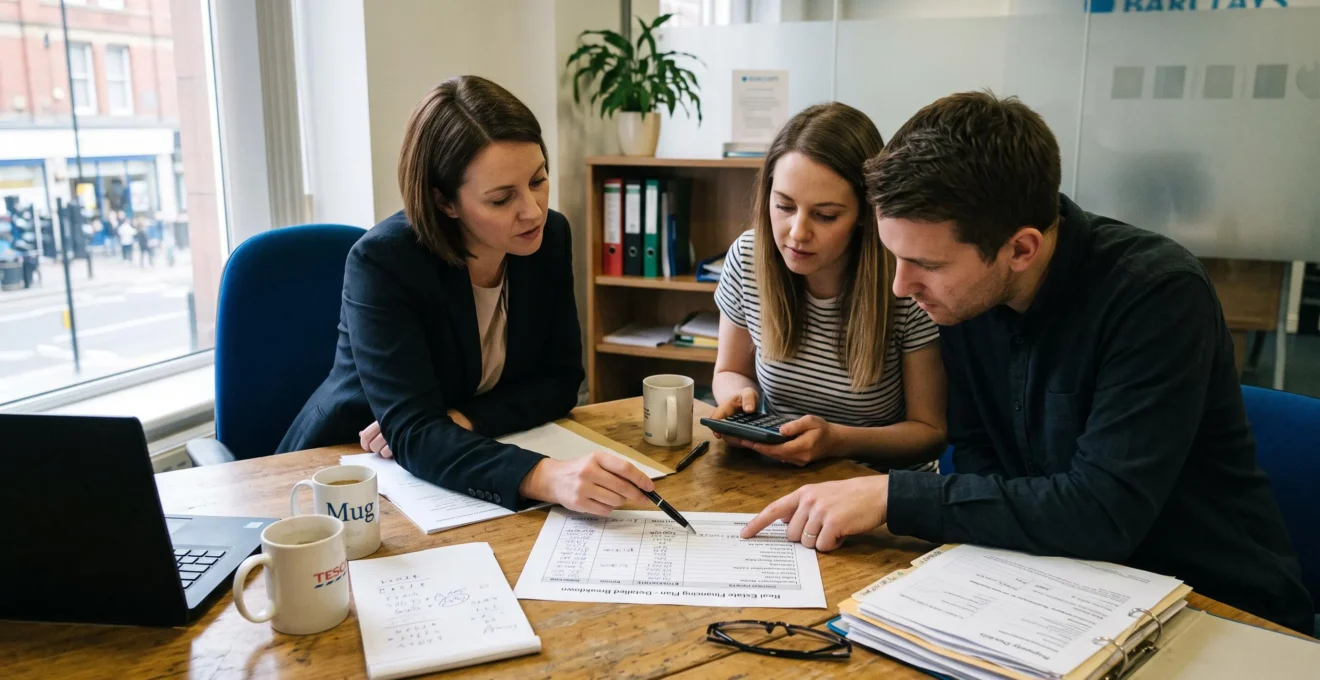 Un couple et un conseiller bancaire vérifient ensemble une feuille de calcul du plan de financement lors d'un rendez-vous en agence.