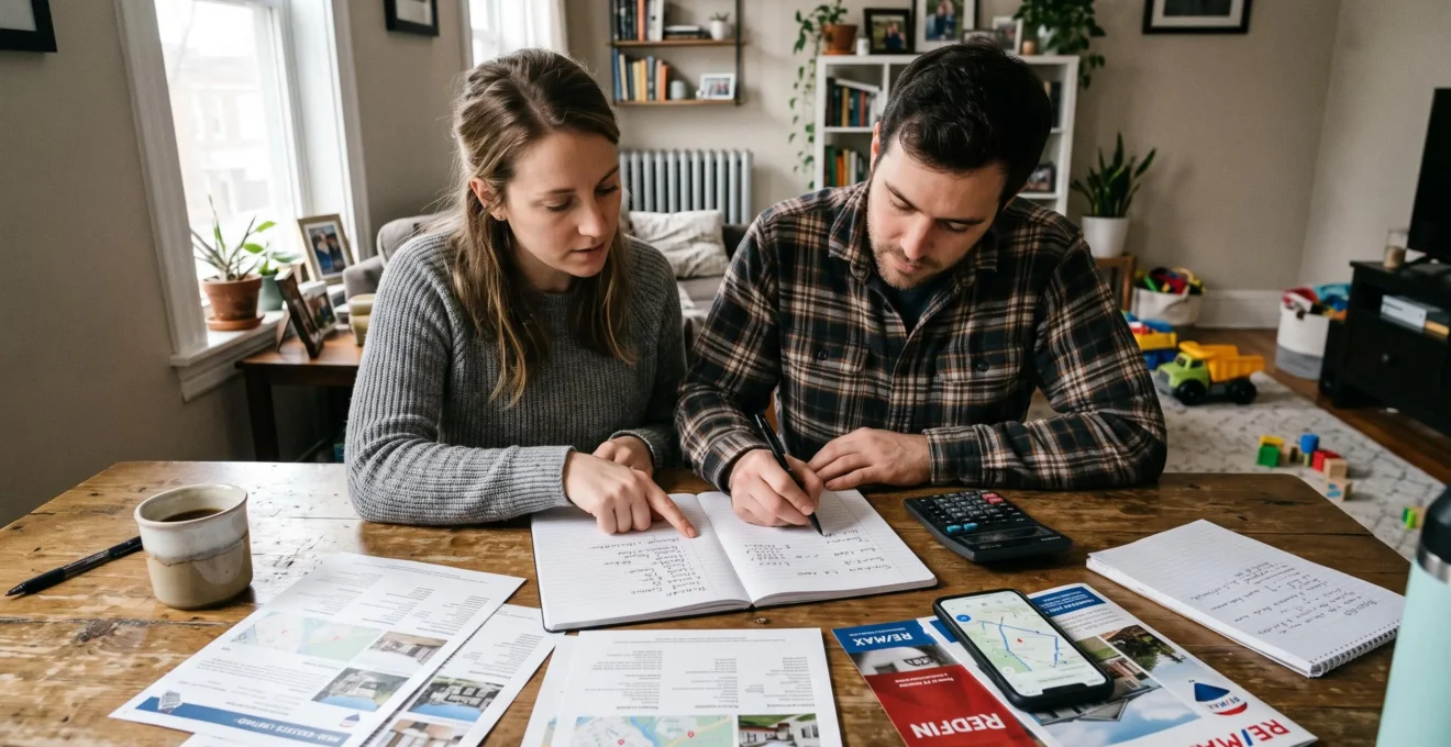 Un jeune couple assis à une table de salon compare des annonces immobilières imprimées et remplit un carnot avec une calculatrice pour définir son budget d'achat.