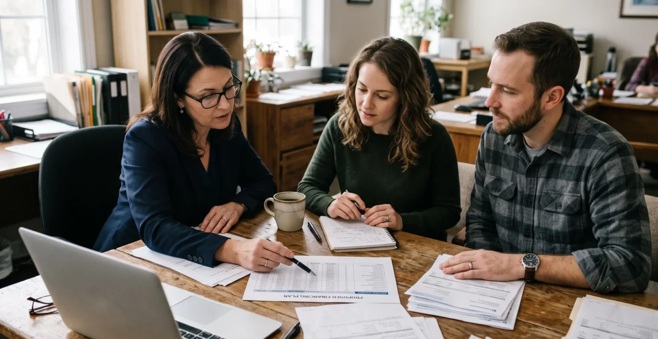 Un couple et un conseiller bancaire examinent ensemble un plan de financement imprimé posé sur une table de bureau.