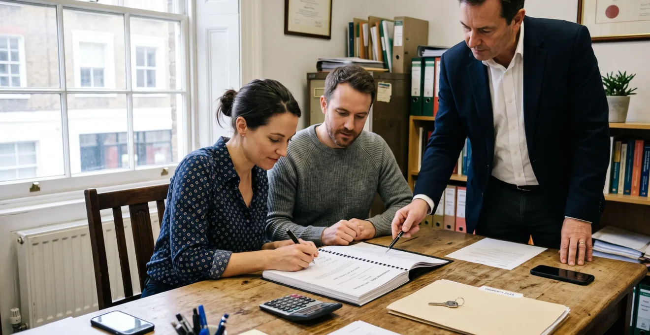 Un couple signe un acte d'achat immobilier chez le notaire, accompagné du professionnel qui leur indique où apposer leur signature.
