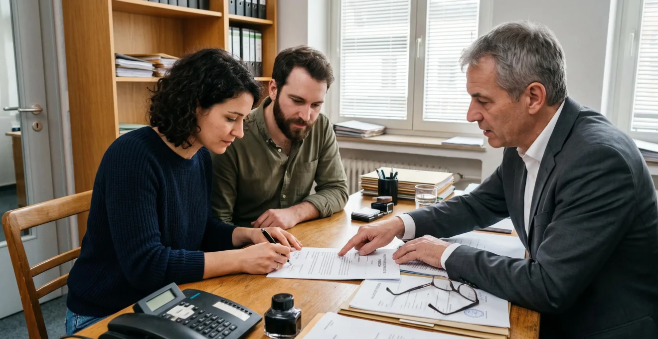 Un couple signe un document immobilier au bureau du notaire pendant que ce dernier leur indique un passage du contrat.