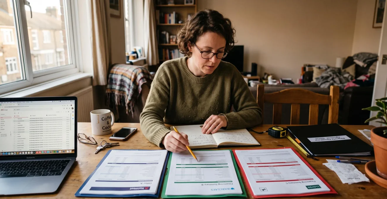 Un emprunteur compare trois offres de financement imprimées posées côte à côte sur une table et prend des notes au crayon.
