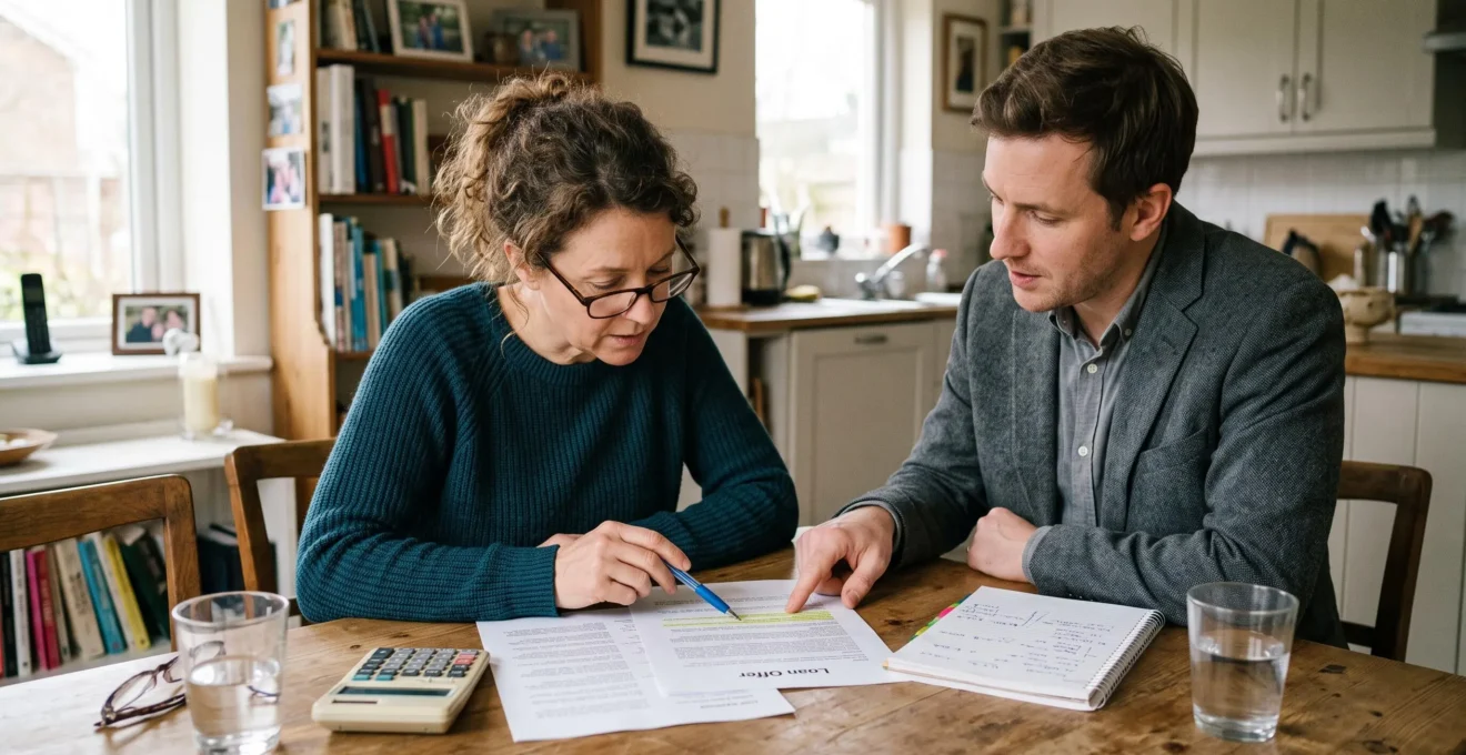 Un emprunteur et un conseiller bancaire examinent ensemble une clause d'une offre de crédit immobilier posée sur une table de cuisine.