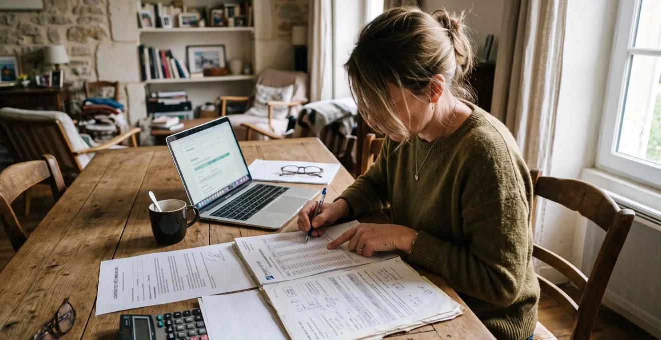Une personne assise à une table compare son tableau d'amortissement et ses documents de prêt, le doigt posé sur une ligne de l'échéancier, une calculatrice posée à côté.