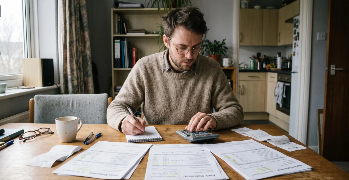 Un homme analyse trois mois de relevés bancaires imprimés sur une table et note des chiffres dans un carnet avec une calculatrice, pour mesurer sa capacité d'épargne mensuelle.
