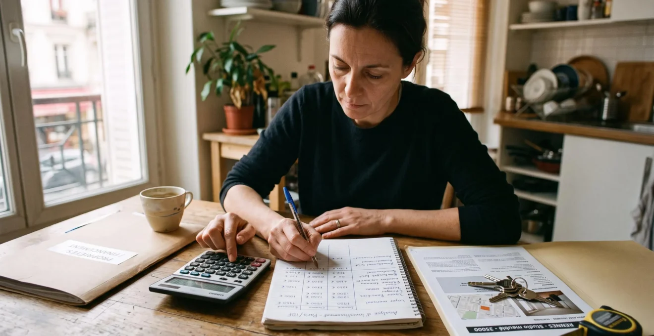 Un futur investisseur immobilier calcule à la main la rentabilité d'un appartement à partir d'une annonce et d'un tableur manuscrit posés sur une table.