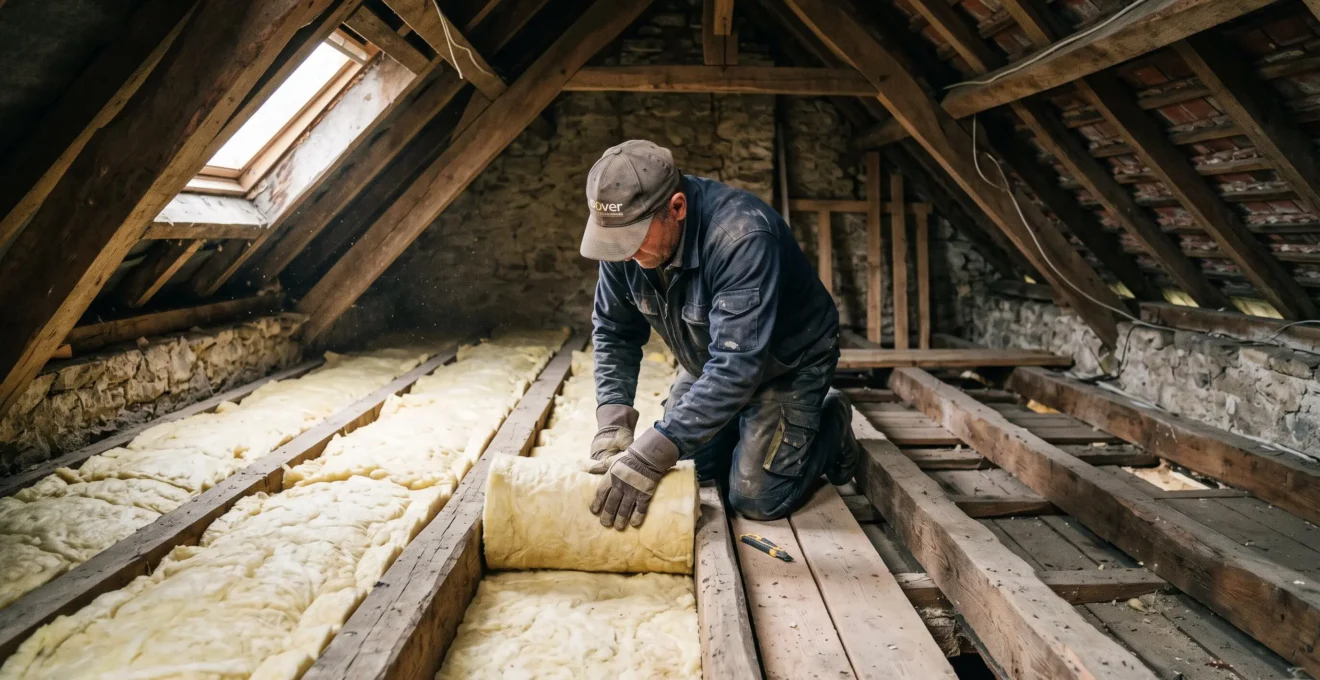 Un ouvrier déroule un rouleau d'isolant minéral entre les chevrons de la charpente dans les combles d'une maison ancienne, à côté d'une zone encore non isolée.