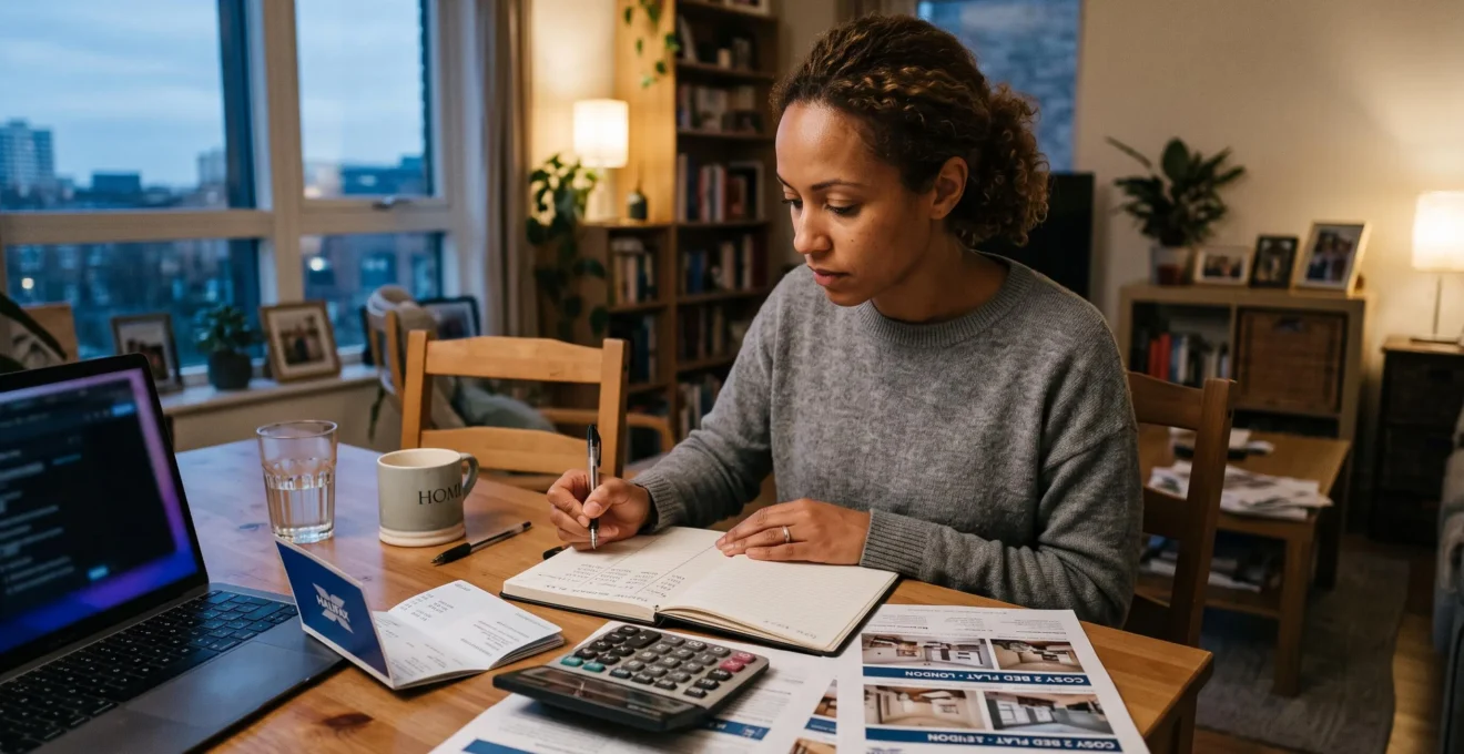 Une personne assise à la table d'un salon relève son plan d'épargne mensuel, entourée d'un livret, d'une calculatrice et d'annonces immobilières imprimées.