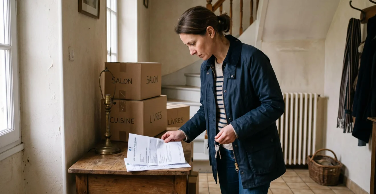 Une propriétaire examine son avis de taxe foncière sur une table d'entrée, entourée de cartons de déménagement dans son nouveau logement.