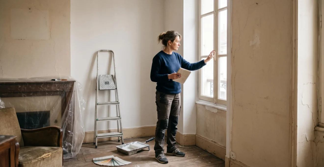 Une personne compare un mur repeint en blanc à une peinture fatiguée dans un appartement en cours de rénovation avant revente.