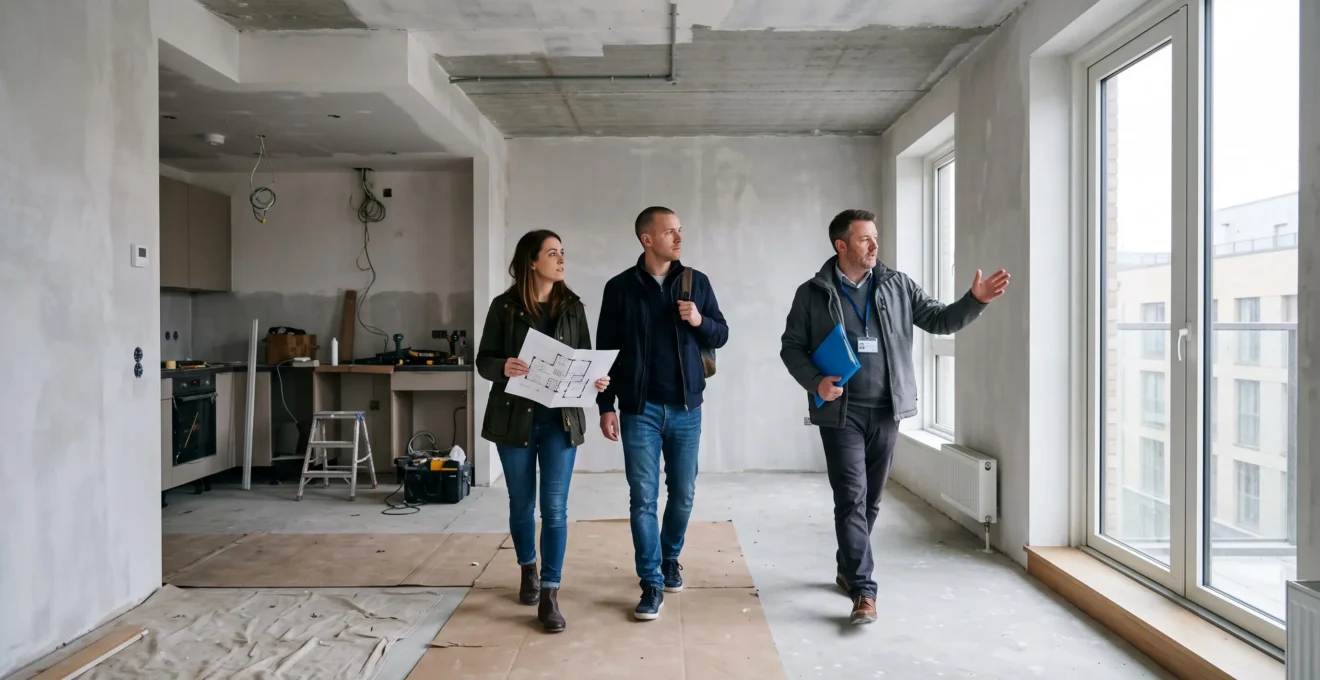 Un couple visite un appartement neuf non meublé en compagnie d'un représentant du chantier lors de la livraison.
